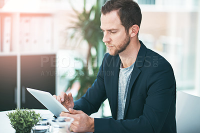 Buy stock photo Businessman, research and browsing data with tablet for corporate growth, news or trends at office. Man or employee scrolling on technology for online investment, stock market or trading at workplace