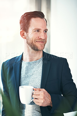 Buy stock photo Business man, coffee and thinking in office with ideas, inspiration and happy for startup career. Professional person or entrepreneur with tea, beverage and drink for morning brainstorming or vision