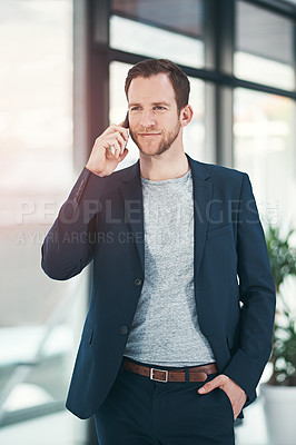 Buy stock photo Business man, phone call and networking with job confidence and public relations worker. Office, mobile conversation and corporate professional with smile at company with happy employee