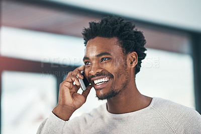 Buy stock photo Happy, black man and laughing with phone call for funny joke, conversation or humor at office. Young African or male person with smile on mobile smartphone for comedy, friendly discussion or fun chat