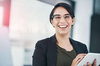 Buy stock photo Woman, tablet and office in portrait with smile in confidence for editor job with tech. Female person, workplace and analytics with notepad in company for business with pride, digital and career