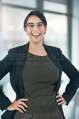 Buy stock photo Business woman, laughing and portrait in office with career confidence, startup and about us in human resources. Excited employee, person or young worker with job integrity, vision and successful