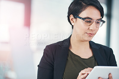 Buy stock photo Business woman, research and browsing with tablet for online news, data or corporate statistics at office. Female person or employee scrolling and reading on technology for review, feedback or report