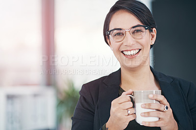 Buy stock photo Business woman, coffee and portrait in office for career confidence, welcome and about us in consultation. Professional worker or consultant in human resources with tea, beverage and drink for advice