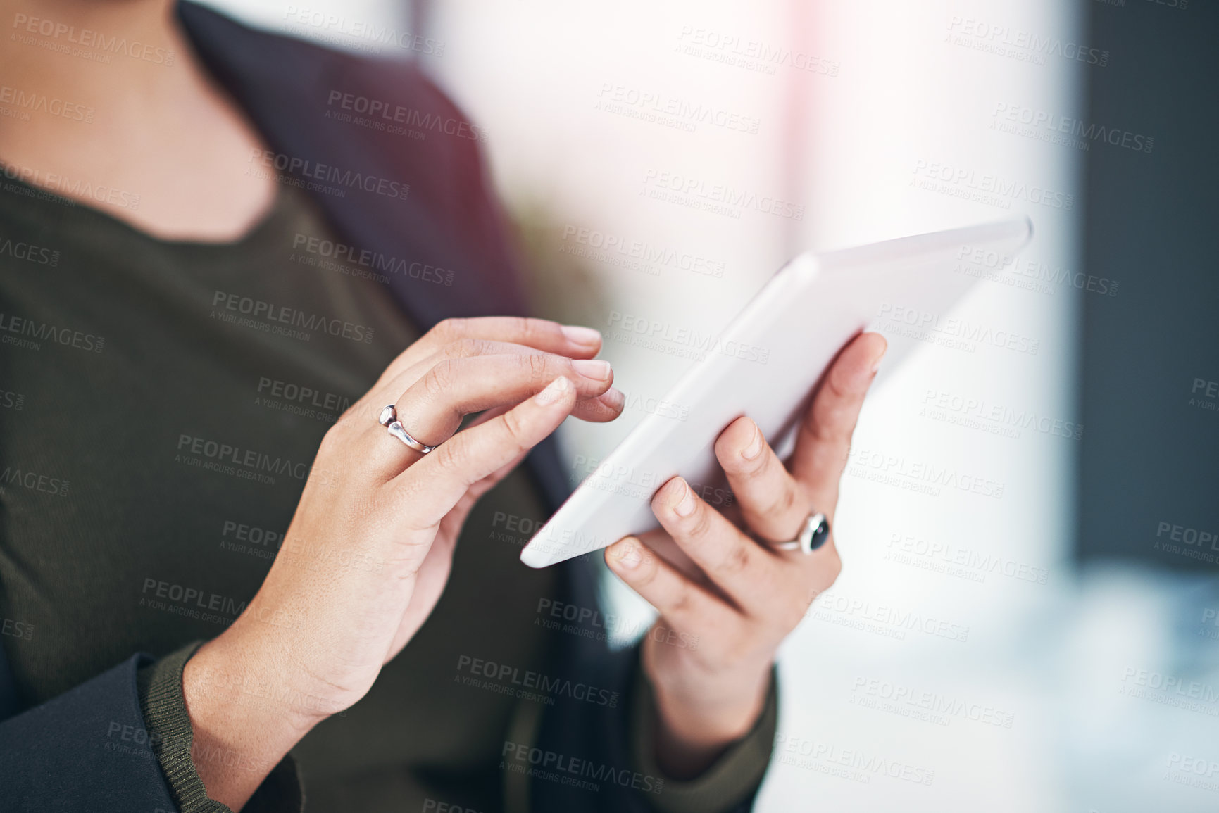 Buy stock photo Business woman, hands and browsing with tablet for research, social media or news at office. Closeup of female person or employee on technology for online search, scrolling or review at workplace