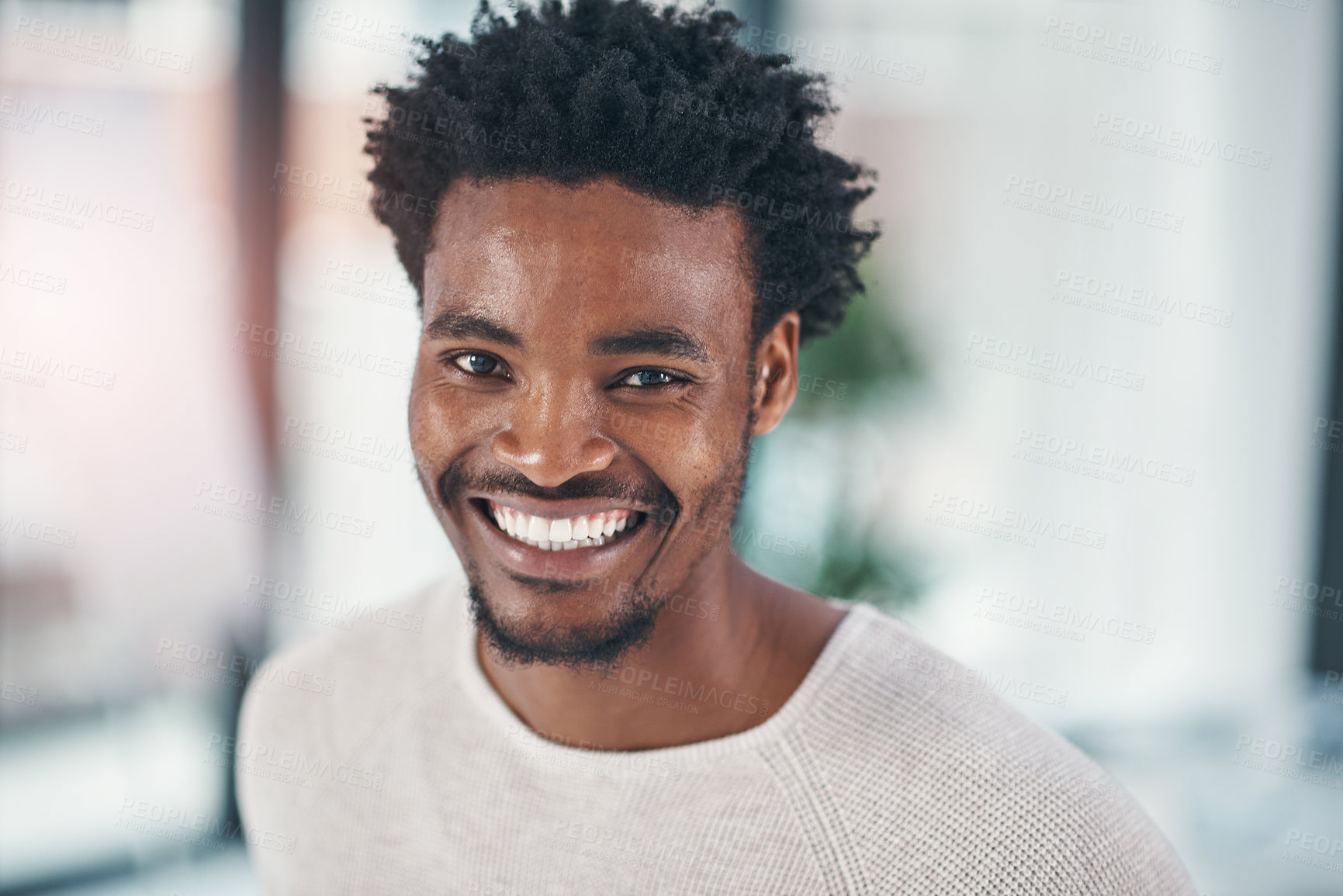 Buy stock photo Happy, portrait and black man with joy for creative career, ambition or positive attitude at office. Face of young or handsome African or male person with big smile for job opportunity or startup