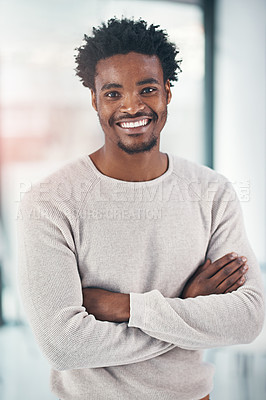 Buy stock photo Black man, portrait and business with confidence for career ambition, job or opportunity at office. Creative African, male person or employee designer with smile or arms crossed for pride in startup