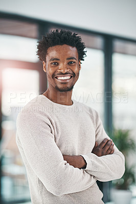 Buy stock photo Black man, portrait and business with confidence of creative in career ambition or job opportunity at office. African, male person or employee designer with smile or arms crossed for pride in startup