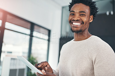 Buy stock photo Happy, black man and portrait with tablet for business, social media or browsing news at office. African or male person with smile for technology, online scrolling or digital improvement at workplace