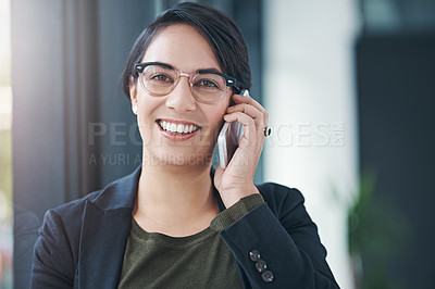 Buy stock photo Happy woman, portrait and business with phone call for friendly discussion by window at office. Female person or employee with smile on mobile smartphone for fun conversation or talking at workplace