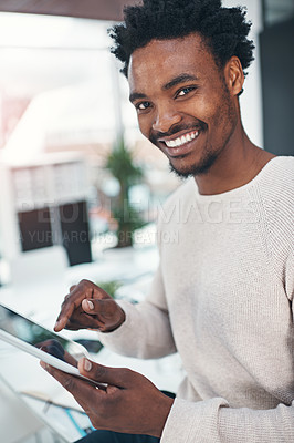 Buy stock photo Happy, black man and portrait with tablet for creative development, research or browsing news at office. African or male person with smile or scrolling on technology in digital improvement or startup