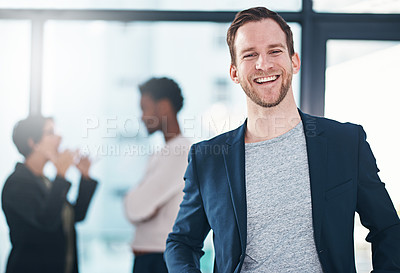 Buy stock photo Businessman, lawyer and portrait in office with smile for work, attorney at job with happiness. Male person and employees at law firm for career with legal, advocate with confidence in workplace