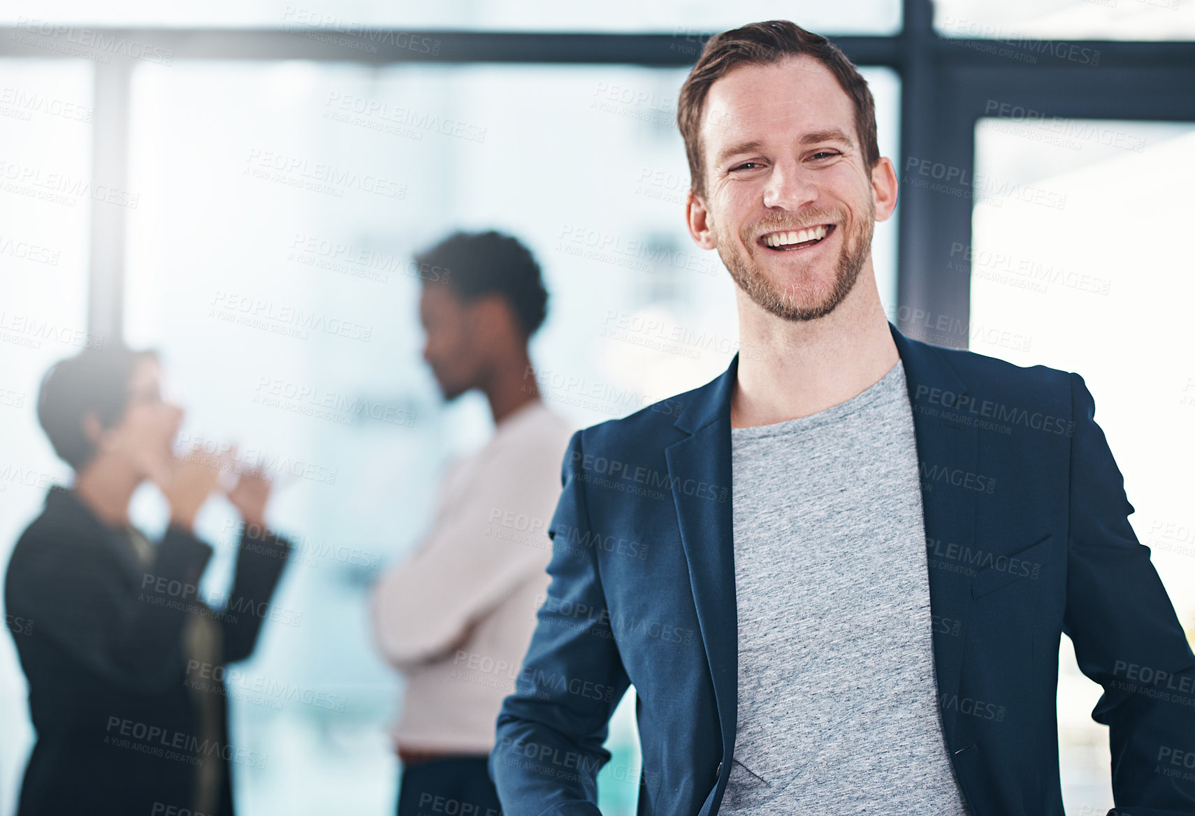 Buy stock photo Businessman, lawyer and portrait in office with smile for work, attorney at job with happiness. Male person and employees at law firm for career with legal, advocate with confidence in workplace