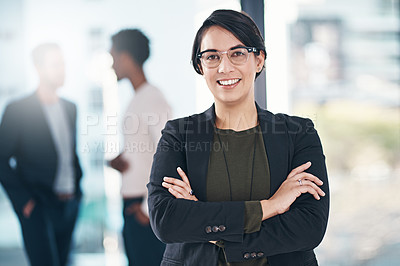 Buy stock photo Professional woman, smile and portrait in coworking space for career, project management and corporate goal
job. Female journalist or editor and confident in business mission statement for workplace 