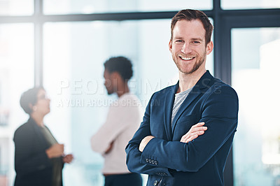 Buy stock photo Confident, man and business with smile in portrait at office, manager or leader near team. Male entrepreneur and colleagues in workplace with mission for growth, contact us for website development