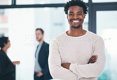 Buy stock photo African man, smile and portrait in coworking space for career, project management and company goal job. Black male journalist or editor in office and confident in business mission for workplace  