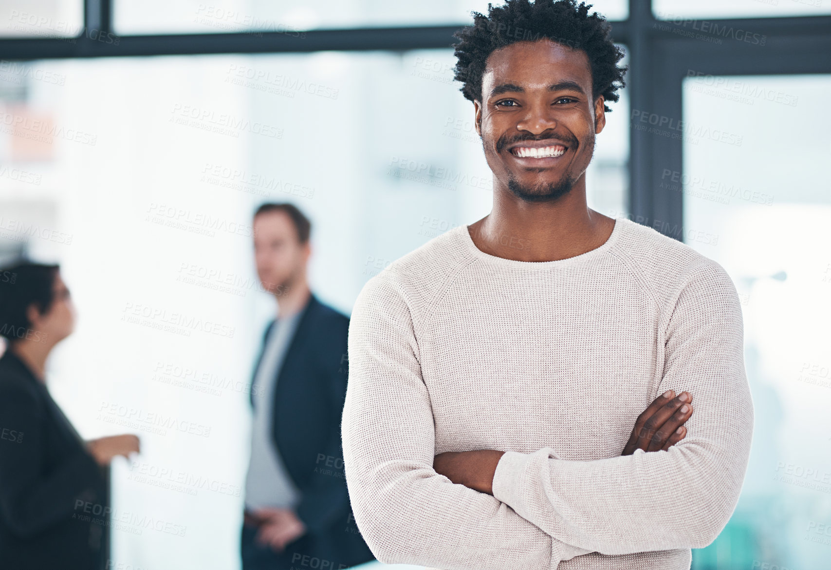 Buy stock photo African man, smile and portrait in coworking space for career, project management and company goal job. Black male journalist or editor in office and confident in business mission for workplace  
