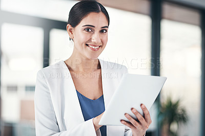 Buy stock photo Woman, office and tablet in portrait with smile in confidence for analyst job with tech. Female person, workplace and notepad for analytics with project for business with pride, digital and company