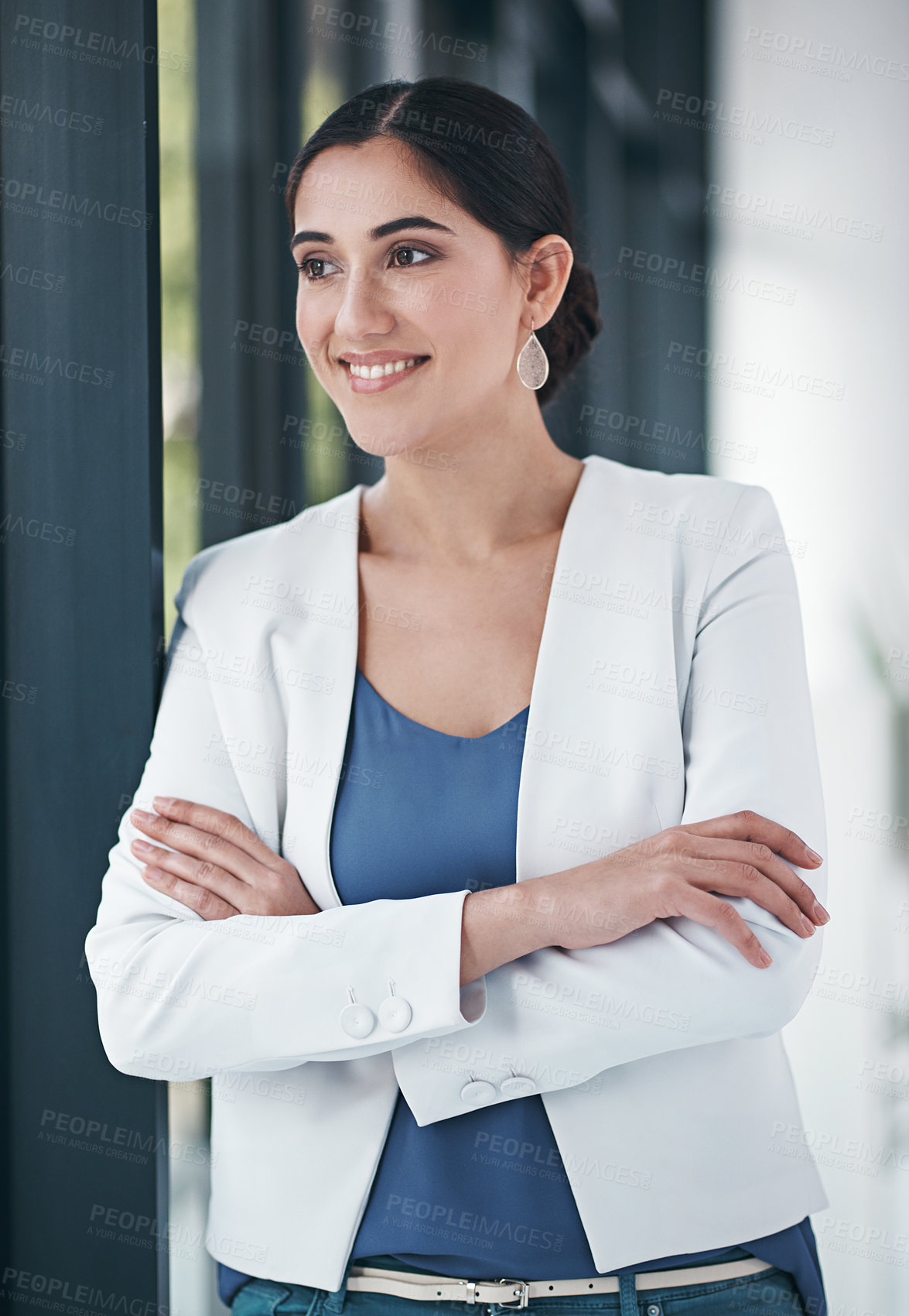 Buy stock photo Business woman, window and thinking in office for ideas, inspiration and opportunity in human resources. Professional worker, employee or person with arms crossed and confidence for company solution