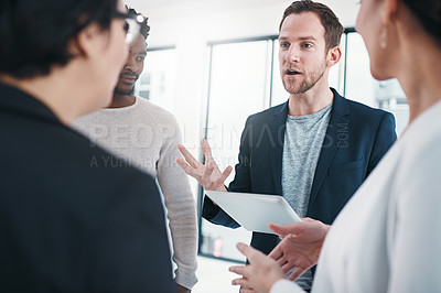 Buy stock photo Discussion, tablet and man, teamwork and colleagues of company, listening and presentation for business. Collaboration, talking and planning for project or proposal and employees and staff for job