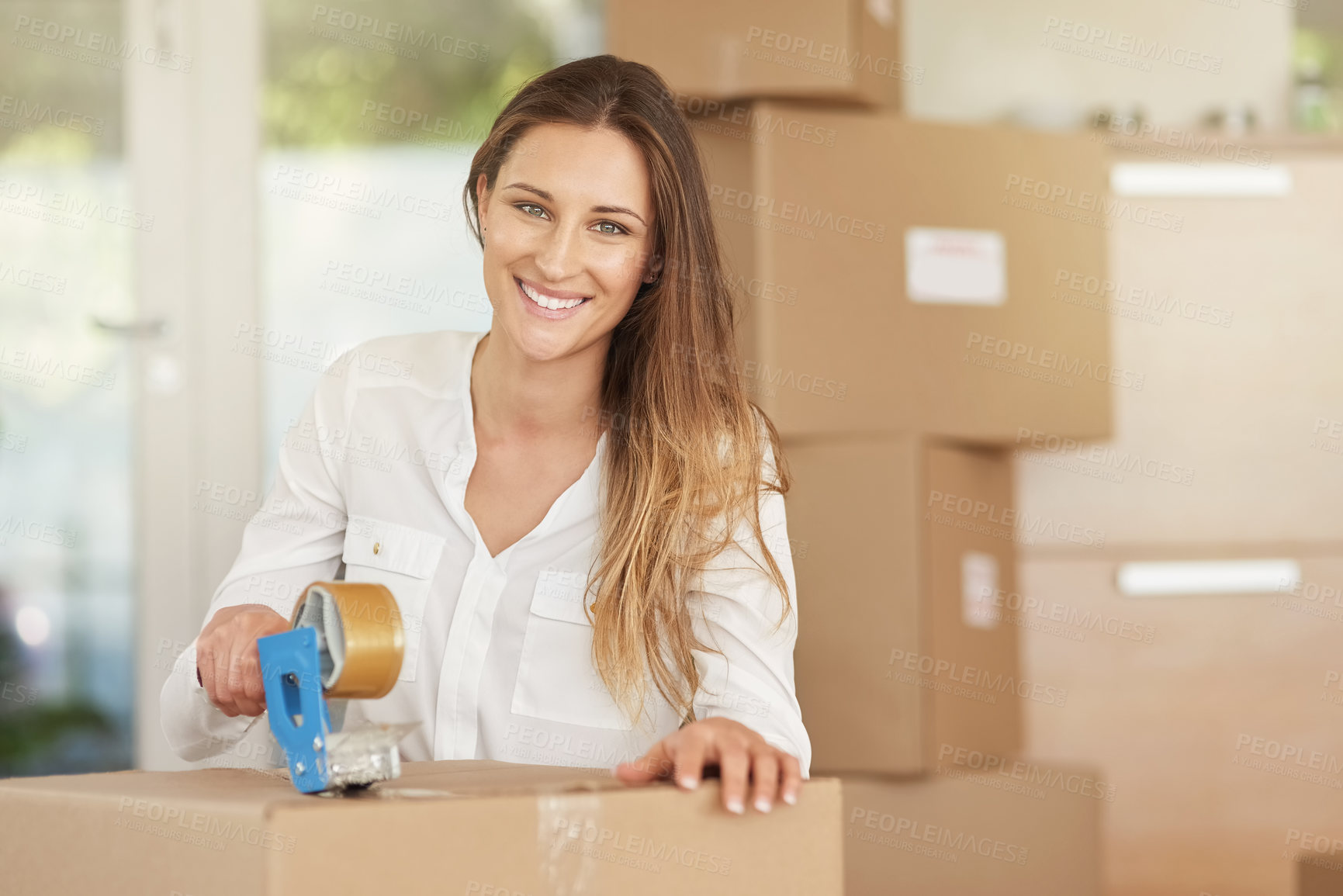 Buy stock photo Portrait, happy woman and boxes with tape for moving to new home, shipping and real estate investment. Relocation, logistics and girl with cardboard seal for furniture, change house and immigration
