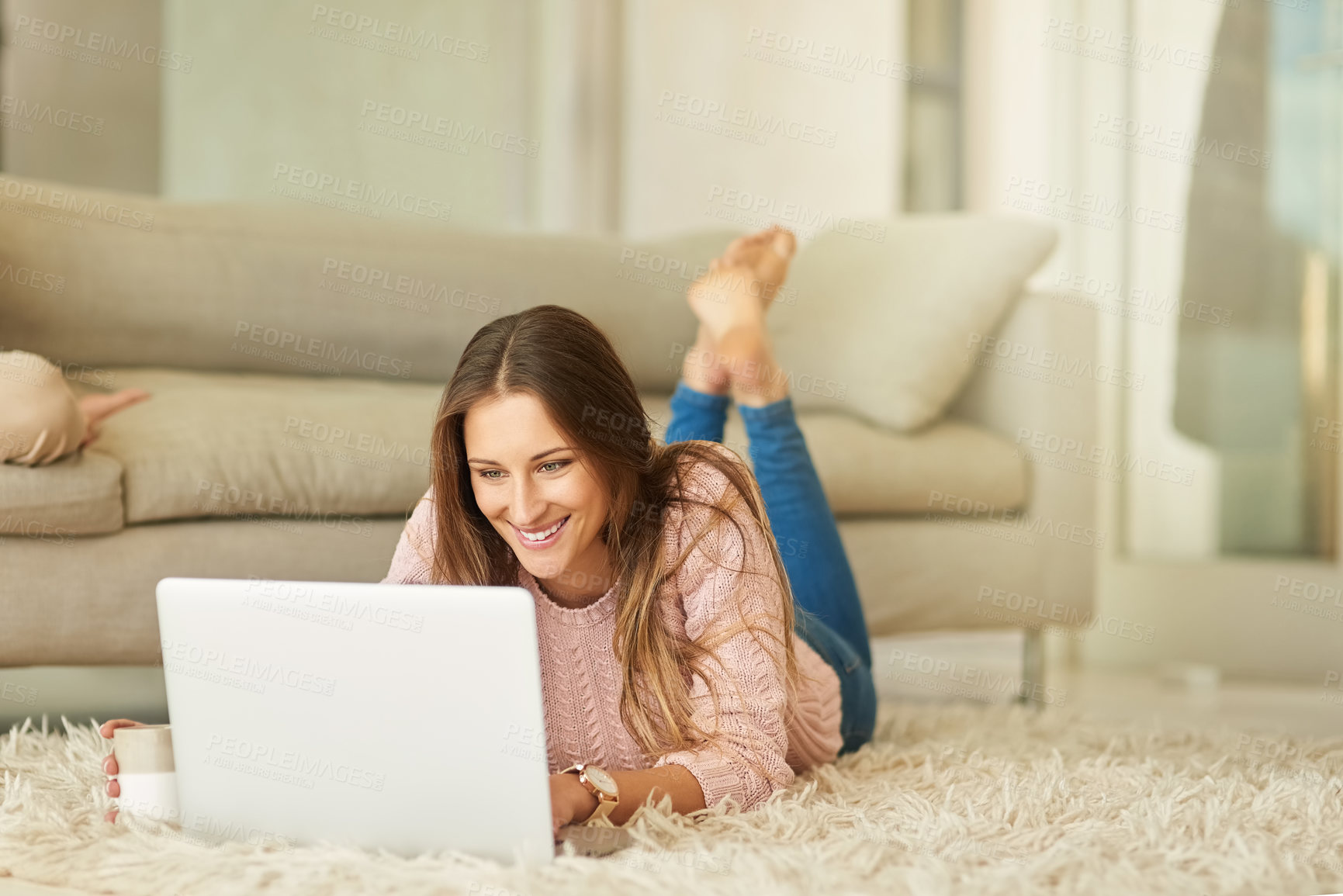 Buy stock photo Home, happy woman and laptop on carpet in living room for streaming movie, online series and comedy. Tech, connection and girl with computer for entertainment, relaxing and digital show in lounge 