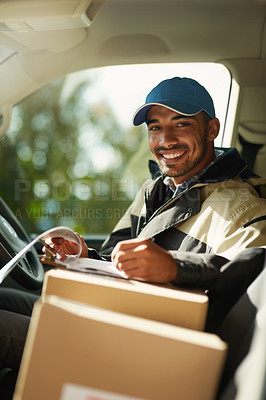 Buy stock photo Writing, delivery and checklist with portrait of man in van for courier, logistics and shipping. Ecommerce, export and distribution with male postman in vehicle for mail, package and cargo shipment