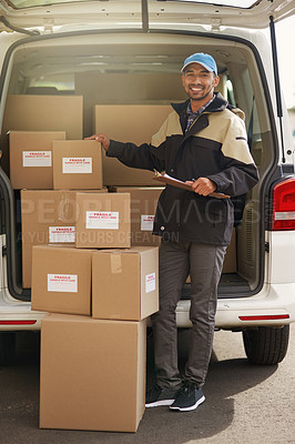 Buy stock photo Box, delivery and portrait with man by van for courier, logistics and shipping. Ecommerce, export and distribution service with male postman and checklist for mail, package and cargo shipment