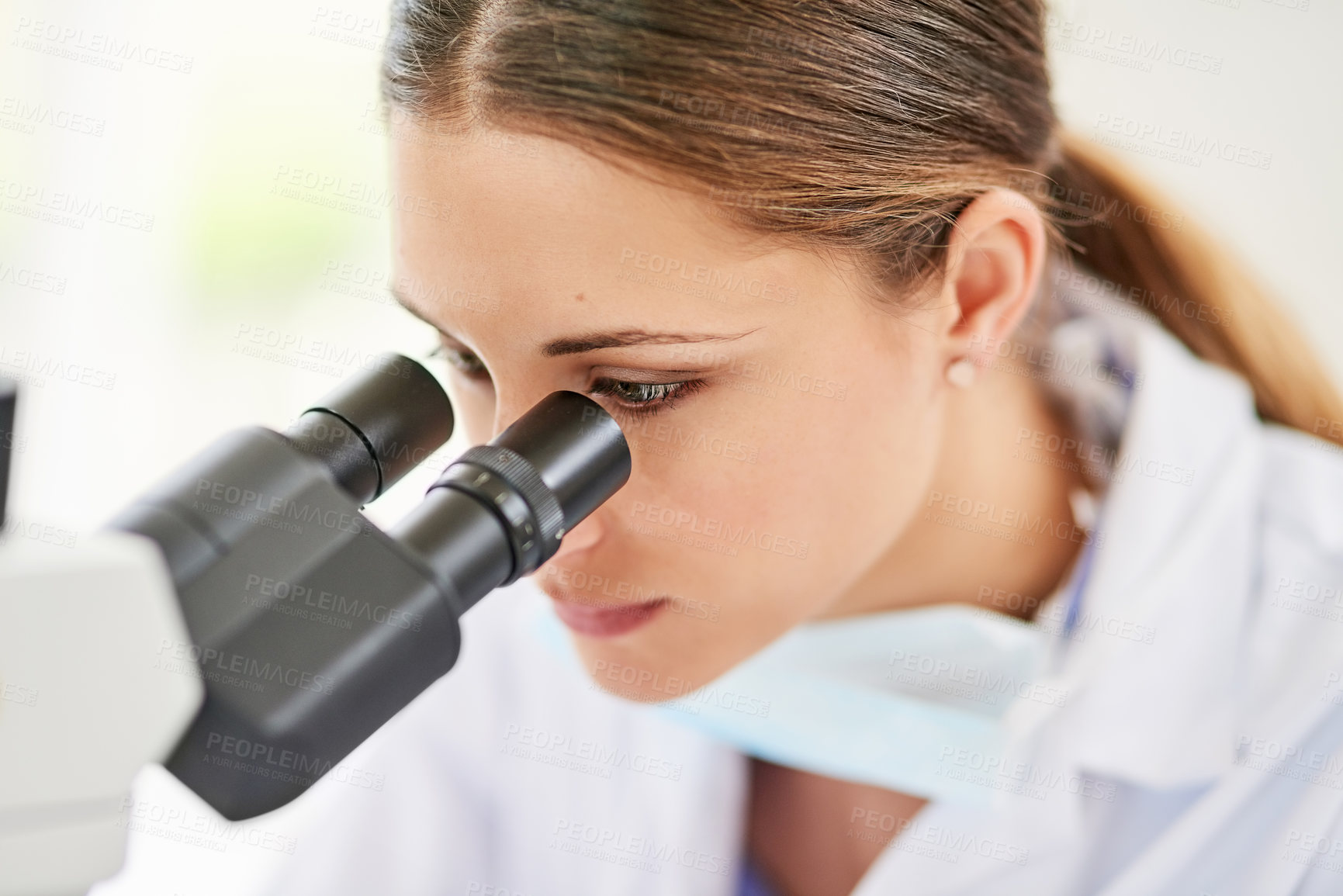 Buy stock photo Scientist, woman and microscope in laboratory for innovation, medicine and test in clinic. Investigation, analysis and research in hospital for healthcare, biotechnology and pharmaceutical career