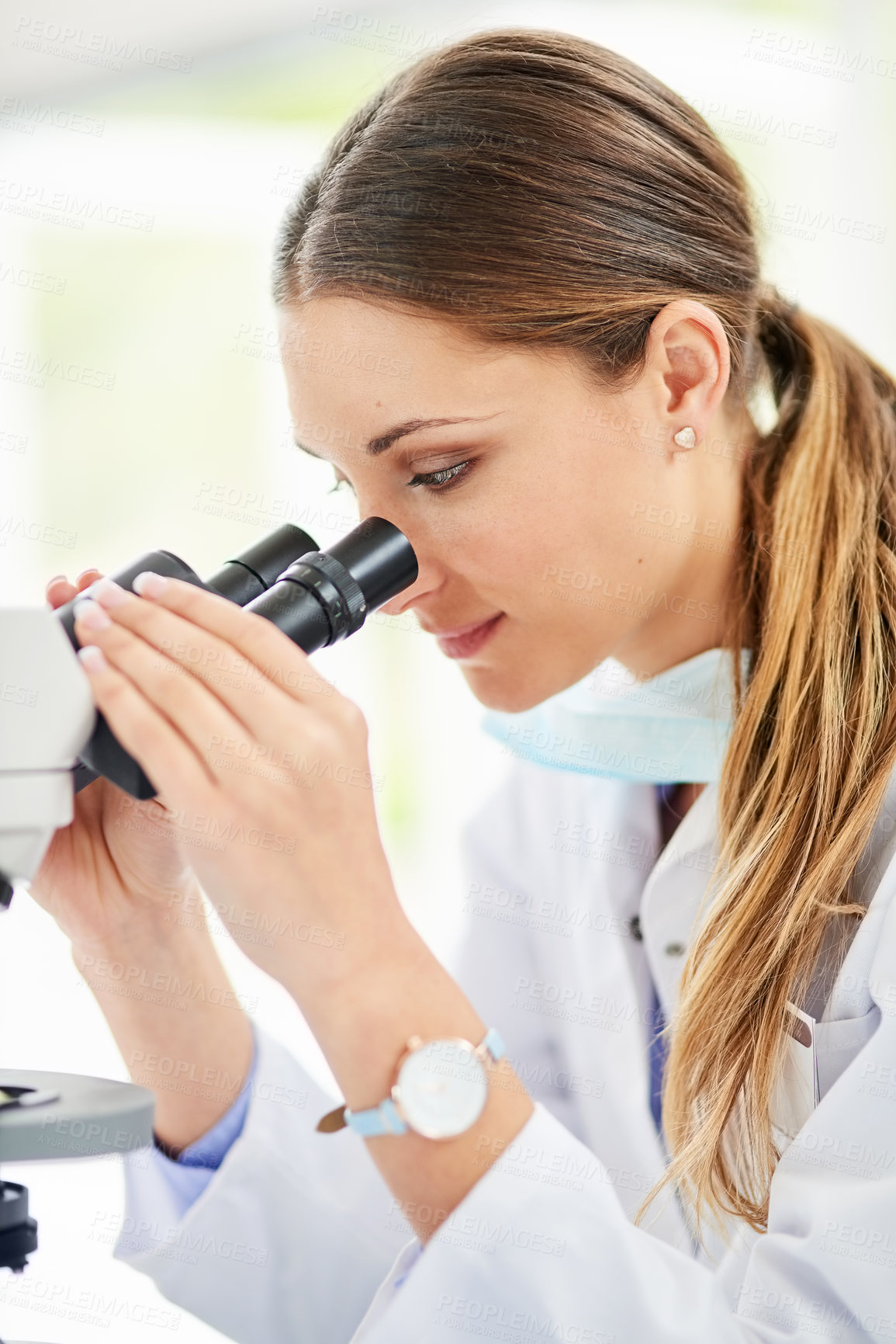 Buy stock photo Woman, microscope and analytics in laboratory for innovation, medicine and test in clinic. Investigation, chemistry and experiment  in hospital for healthcare, research and pharmaceutical technology 