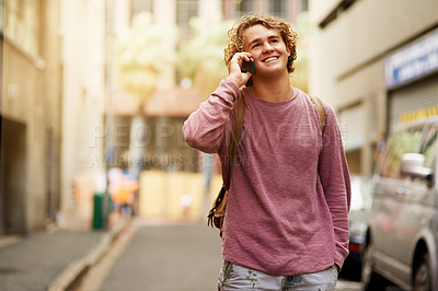 Buy stock photo Man, street and phone call with smile for conversation, chat and discussion in downtown London. Outdoor, cellphone and happy for talking, networking and communication as university or college student