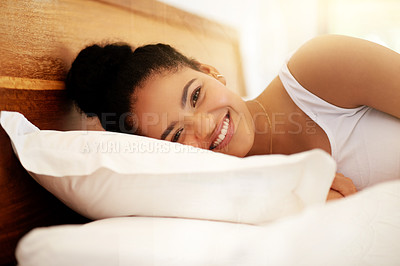 Buy stock photo Morning, portrait and woman in bed with smile, wake up and happiness after sleeping or resting. Relax, peace and comfort of female person in bedroom for feeling fresh, calm and health at home