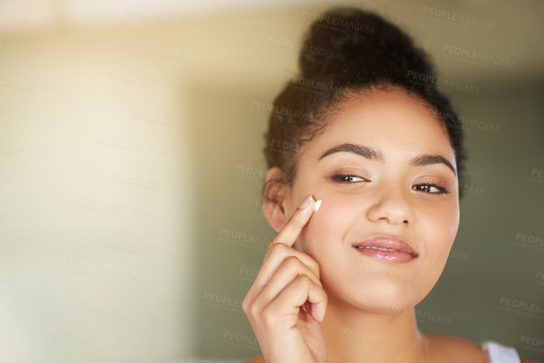 Buy stock photo Skincare, beauty and happy woman with cream in bathroom for dermatology, wellness or morning routine in home. Face, lotion or girl apply product for hydration, collagen or healthy cosmetics on mockup