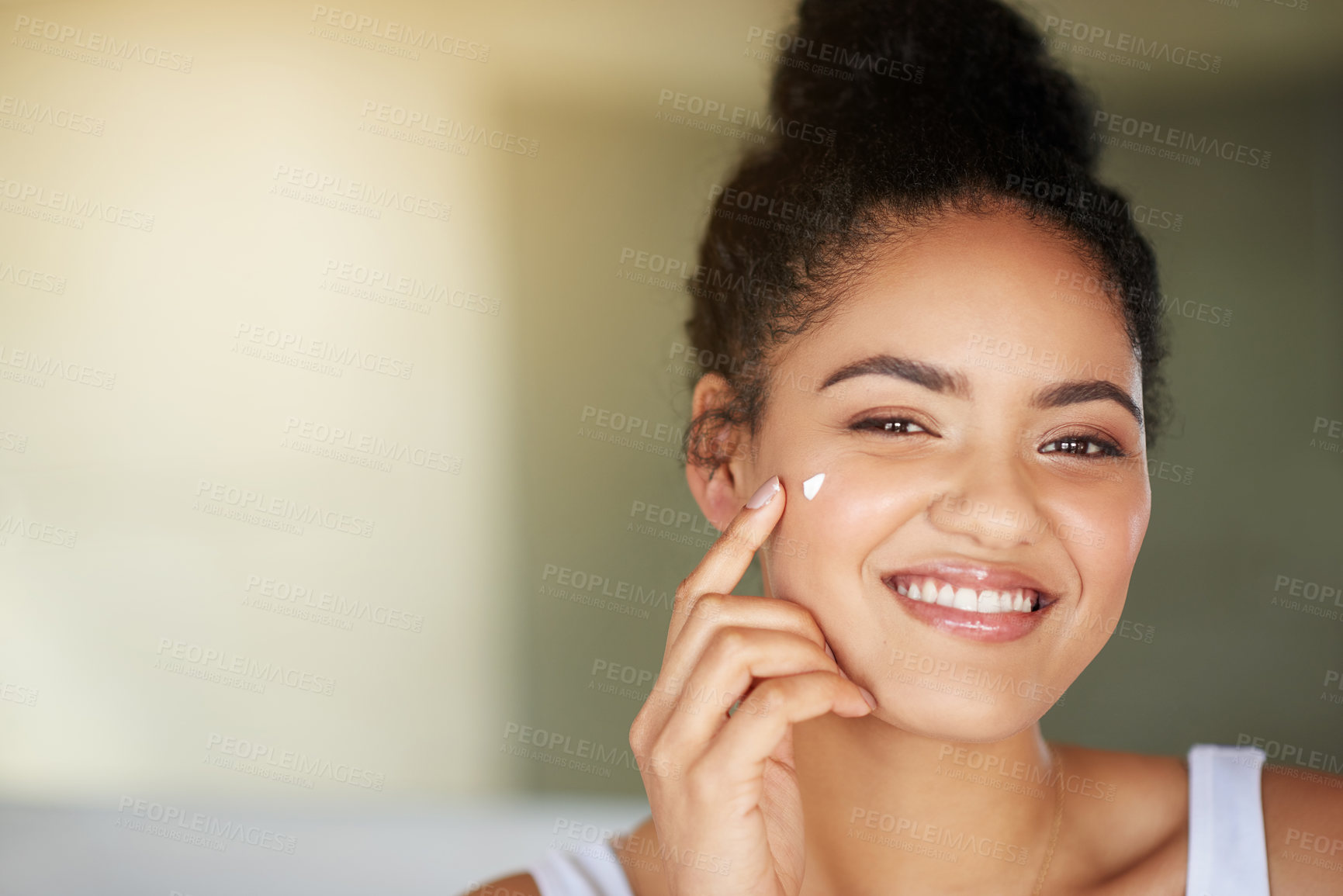 Buy stock photo Happy woman, portrait and skincare with cream for moisturizing or facial treatment at home. Face of young female person or model with smile, lotion or creme for anti aging skin or cosmetics at house