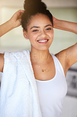 Buy stock photo Portrait, beauty and happy woman in bathroom for skincare, cleaning or morning routine in home. Face, smile and confident girl in makeup with towel for hygiene, health or cosmetics for glow in Brazil