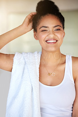 Buy stock photo Portrait of a happy and attractive young woman enjoying her morning routine