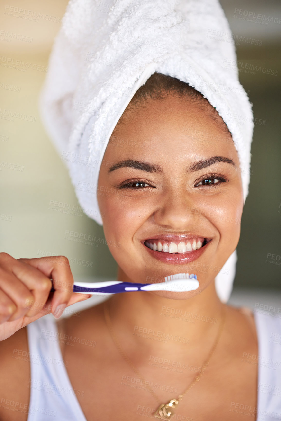 Buy stock photo Happy, dental care and portrait of woman with toothbrush for morning hygiene routine in bathroom. Smile, wellness and female person with oral health product for plaque, gums and fresh breath at home.