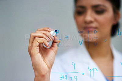 Buy stock photo Hand, science and writing on glass with woman in studio on gray background for equation or formula. Innovation, problem solving and research with female scientist in laboratory for breakthrough