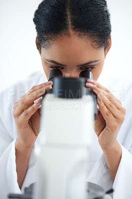 Buy stock photo Woman, science and microscope for research, exam or analysis in laboratory experiment. Scientist, microbiology and test on medical equipment, chemistry and biotechnology study for health innovation