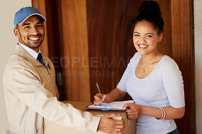 Buy stock photo Woman, happy and signing for parcel with delivery man, paperwork and courier receipt or receiving package. Customer, document and distribution service with logistics worker, ecommerce or online order