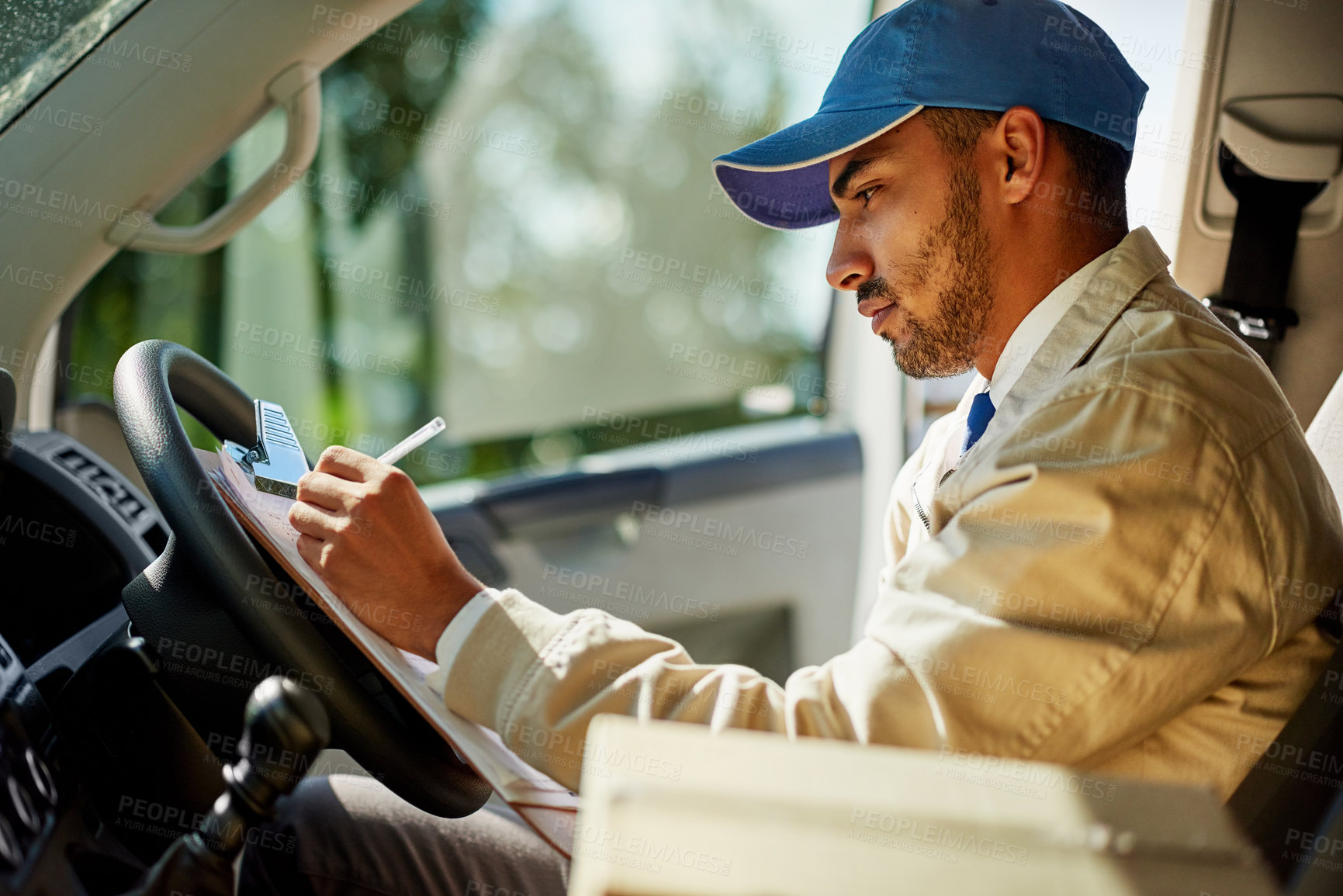 Buy stock photo Delivery man, courier transport or van with clipboard for shipping, transportation service and distribution. Male person, vehicle and pen for online shopping order or logistics worker, box or mail