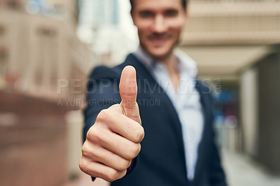 Buy stock photo Businessman, hand and vote with thumbs up in city for review, winning or business success. Closeup of man or employee with like emoji, yes sign or OK in approval or positive feedback in an urban town