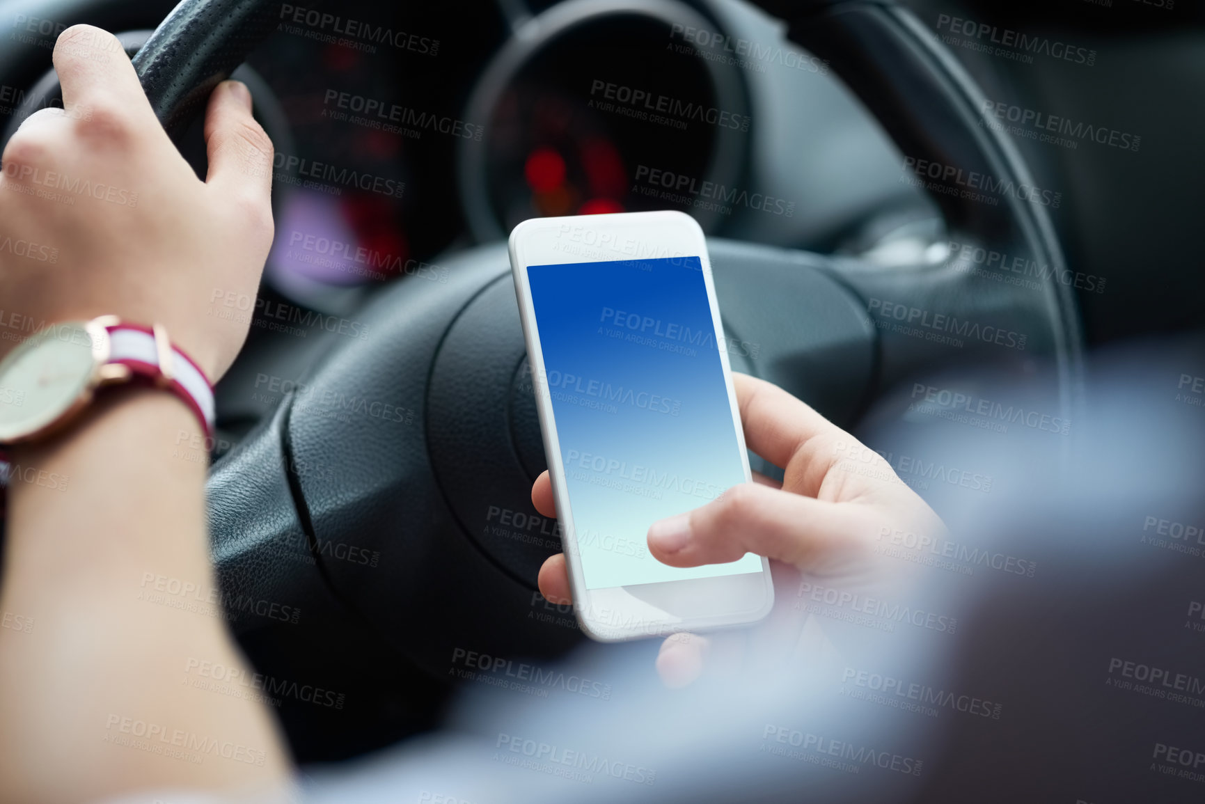 Buy stock photo Person, location and hand with phone in car for travel, information and direction of destination. Motor, vehicle and mockup on technology with space for gps app, digital map and help in navigation