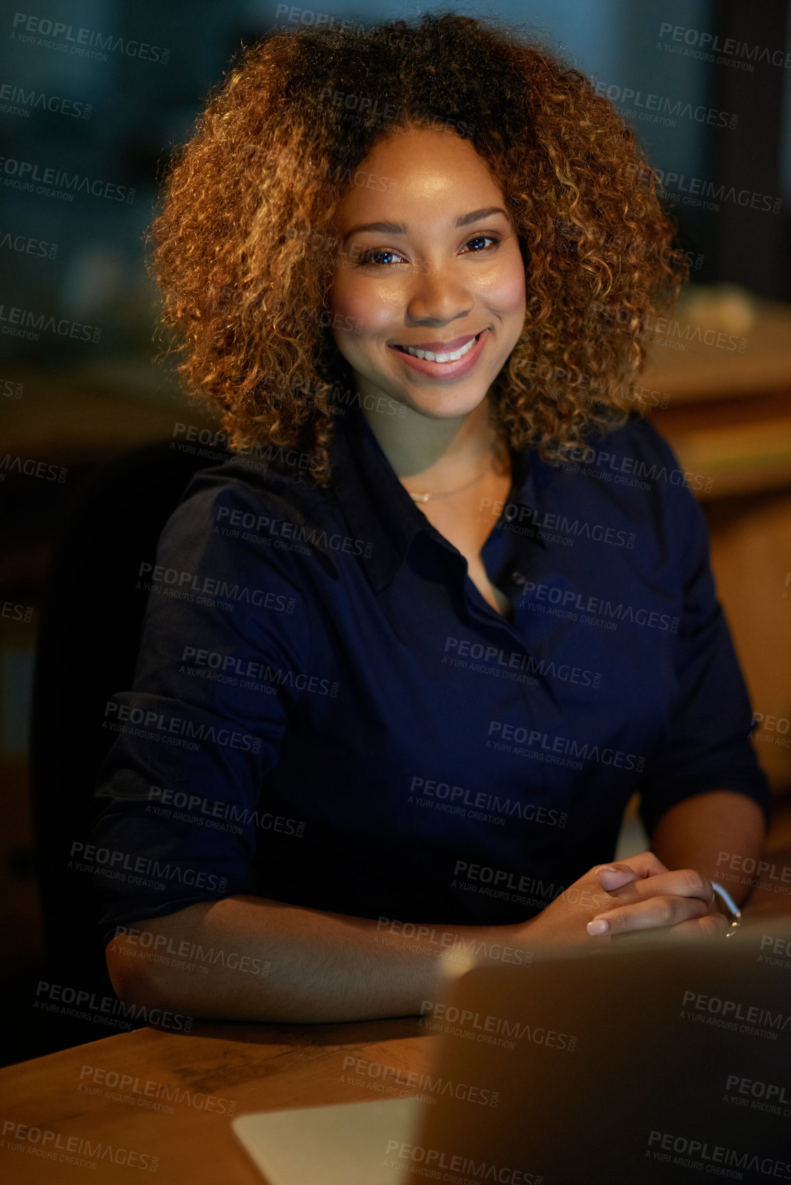 Buy stock photo Portrait, night and business with woman, laptop and smile with connection, internet and deadline for project. Face, person and employee with computer, evening and proposal for funding and schedule