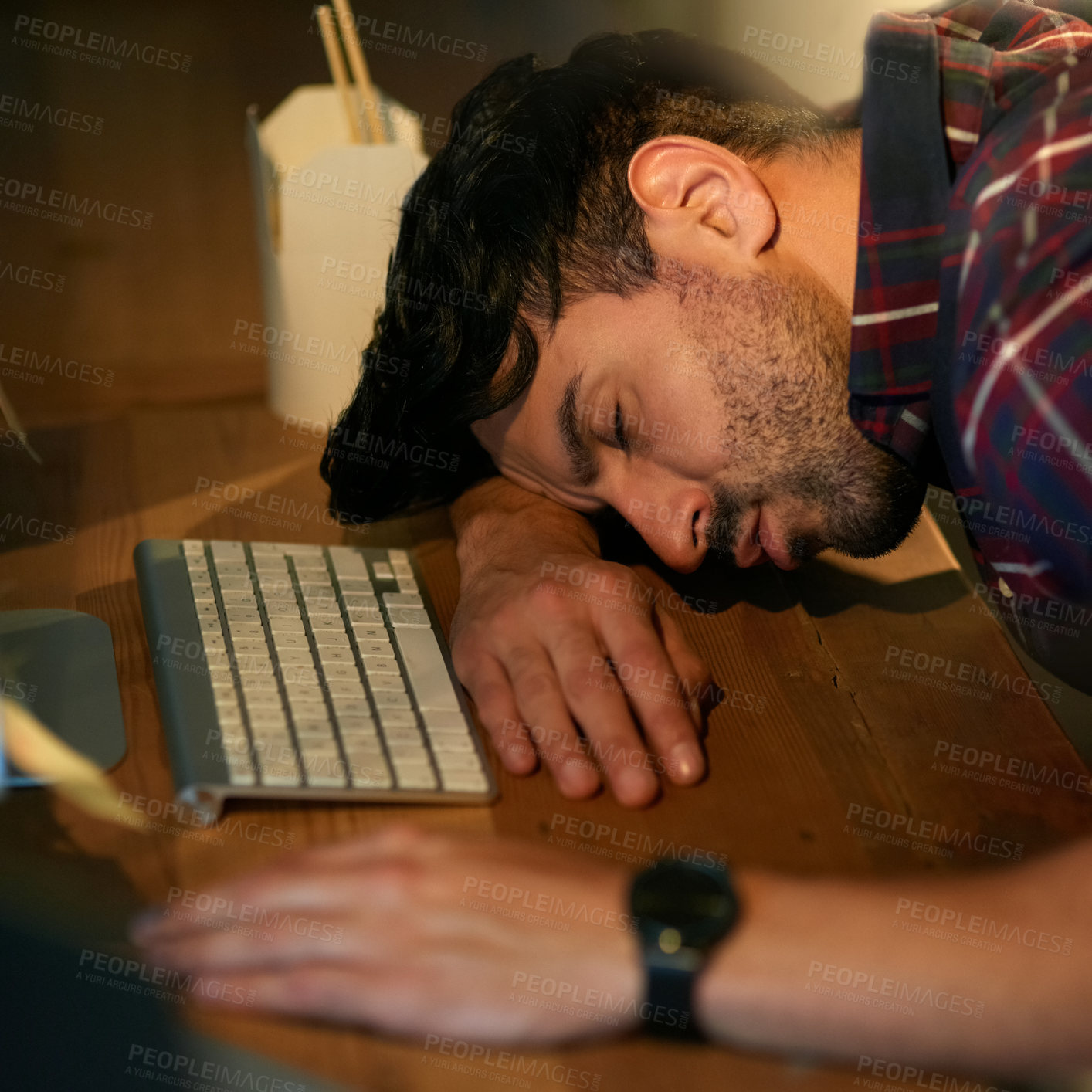 Buy stock photo Business man, desktop and tired in office on the table, keyboard and research on face at desk for nap. Work, stress and employee with insomnia, low energy or boring online task, burnout or fatigue