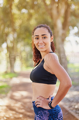 Buy stock photo Portrait, smile and black woman in park for exercise with health, sport training and running in nature. Fitness, workout and African girl outdoor with strong body for activity and cardio in Colombia