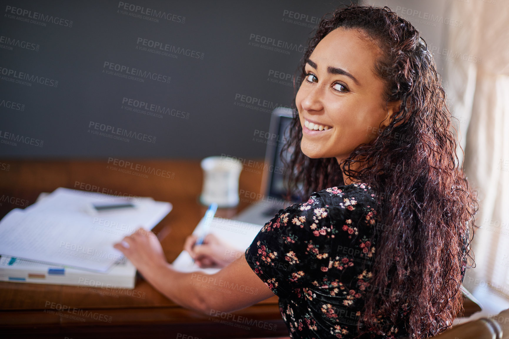 Buy stock photo Girl, portrait and study notes in house for university, college or school with confidence by desk. Student, happy and learning with paper or smile for scholarship, education and exam writing in home