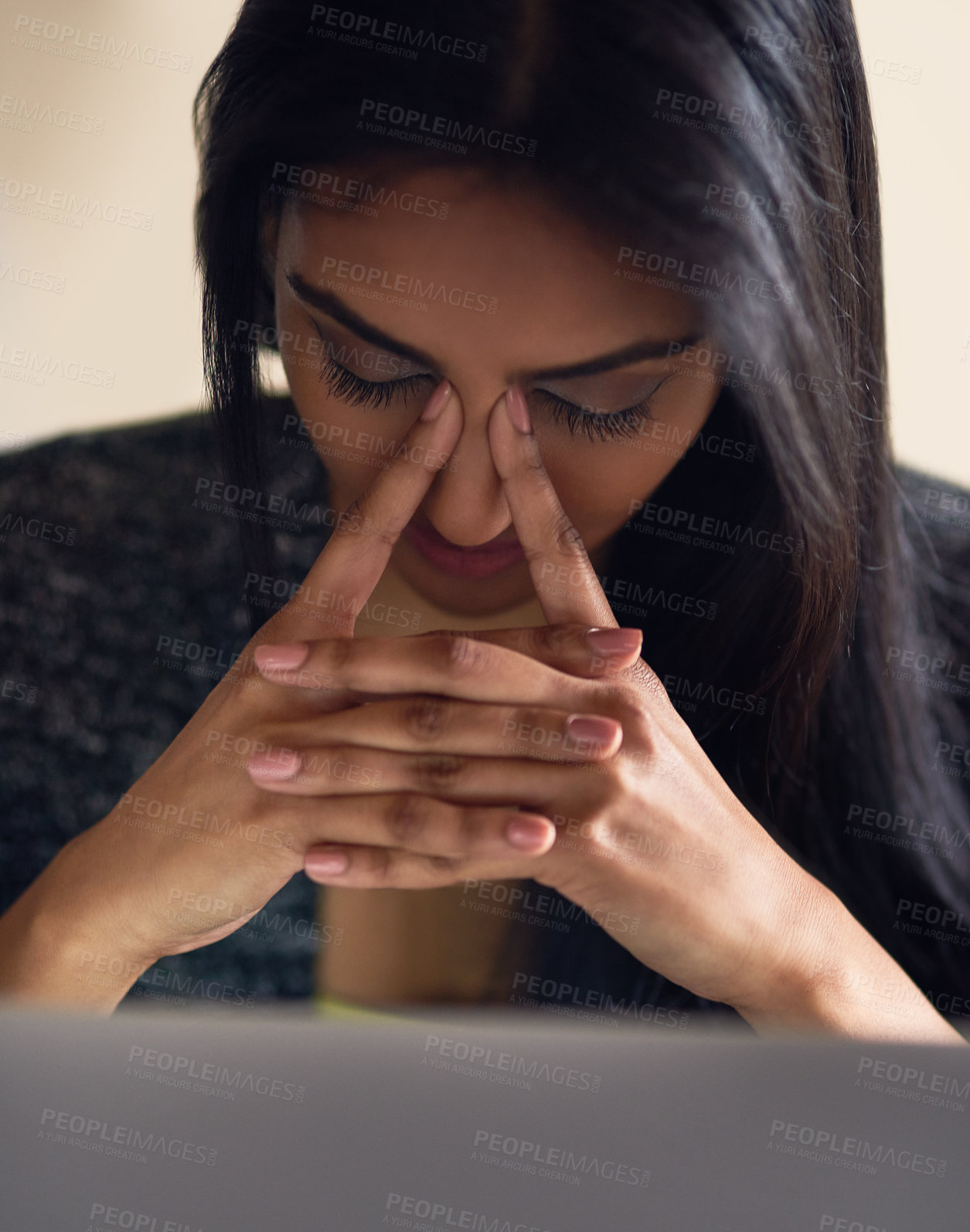 Buy stock photo Frustration, writer and girl with hands, computer and digital for writing, headache and stress for novel. Thinking, laptop and fatigue of woman, tired and burnout in apartment, person and remote work