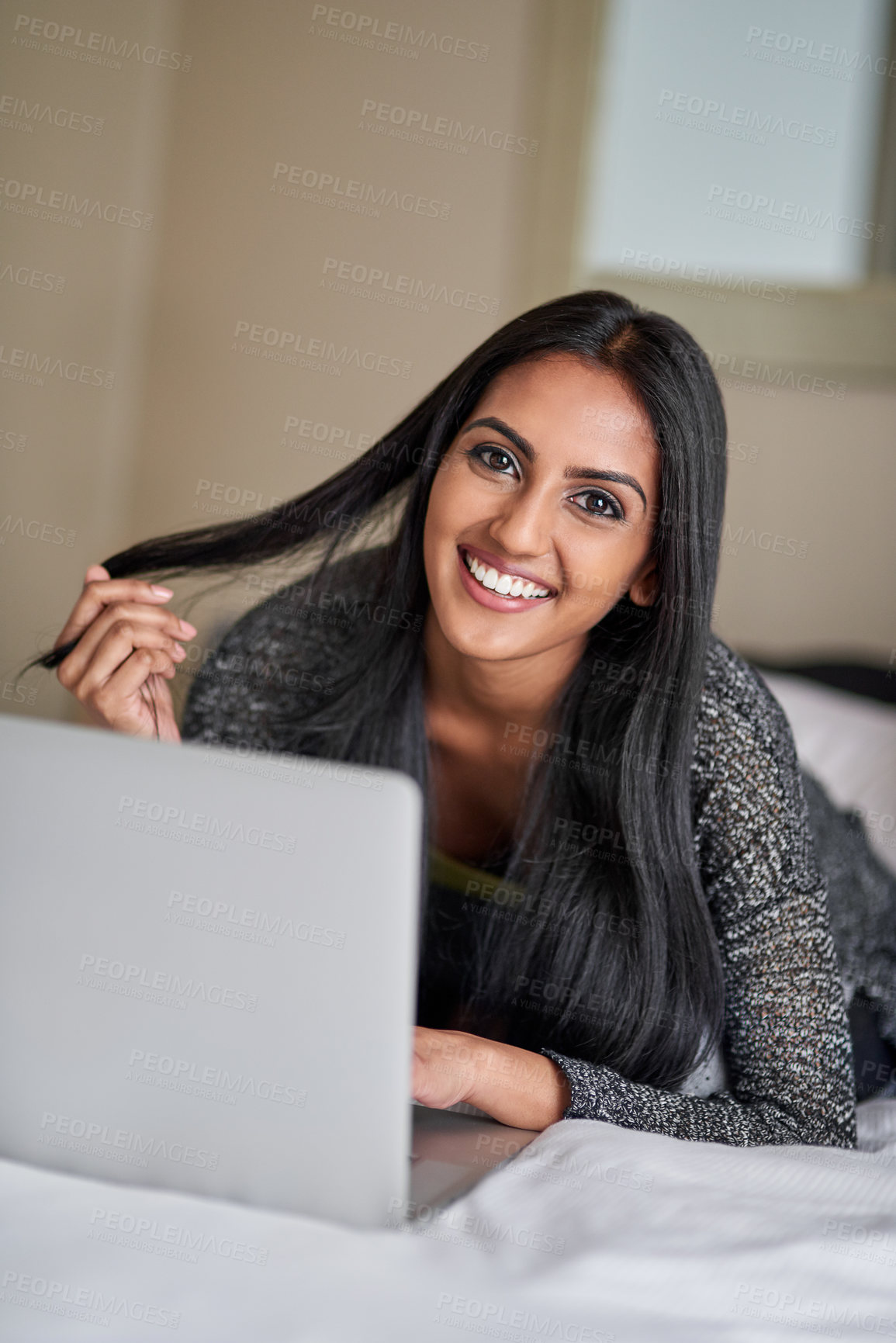 Buy stock photo Laptop, typing and Indian woman in bed for online, social media and portrait with internet in bedroom. Email, technology and computer for blog or freelance writer person, creative and work from home