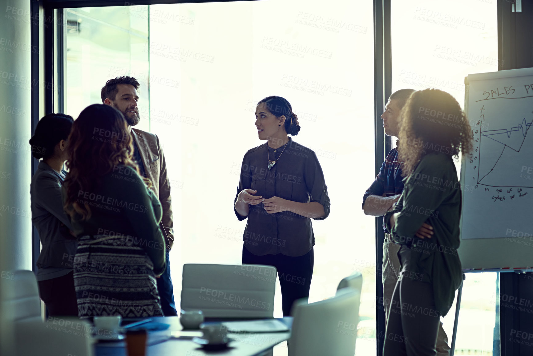 Buy stock photo Business people, project and meeting with presentation chart, graph and conversation in an office. Planning, brainstorming and discussion with company collaboration and whiteboard with sales team